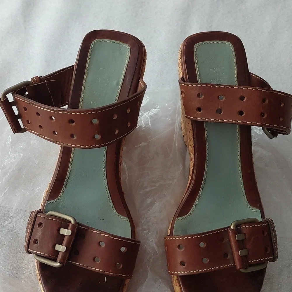 Lambertson Truex slip on wedges in brown leather with adjustable buckles